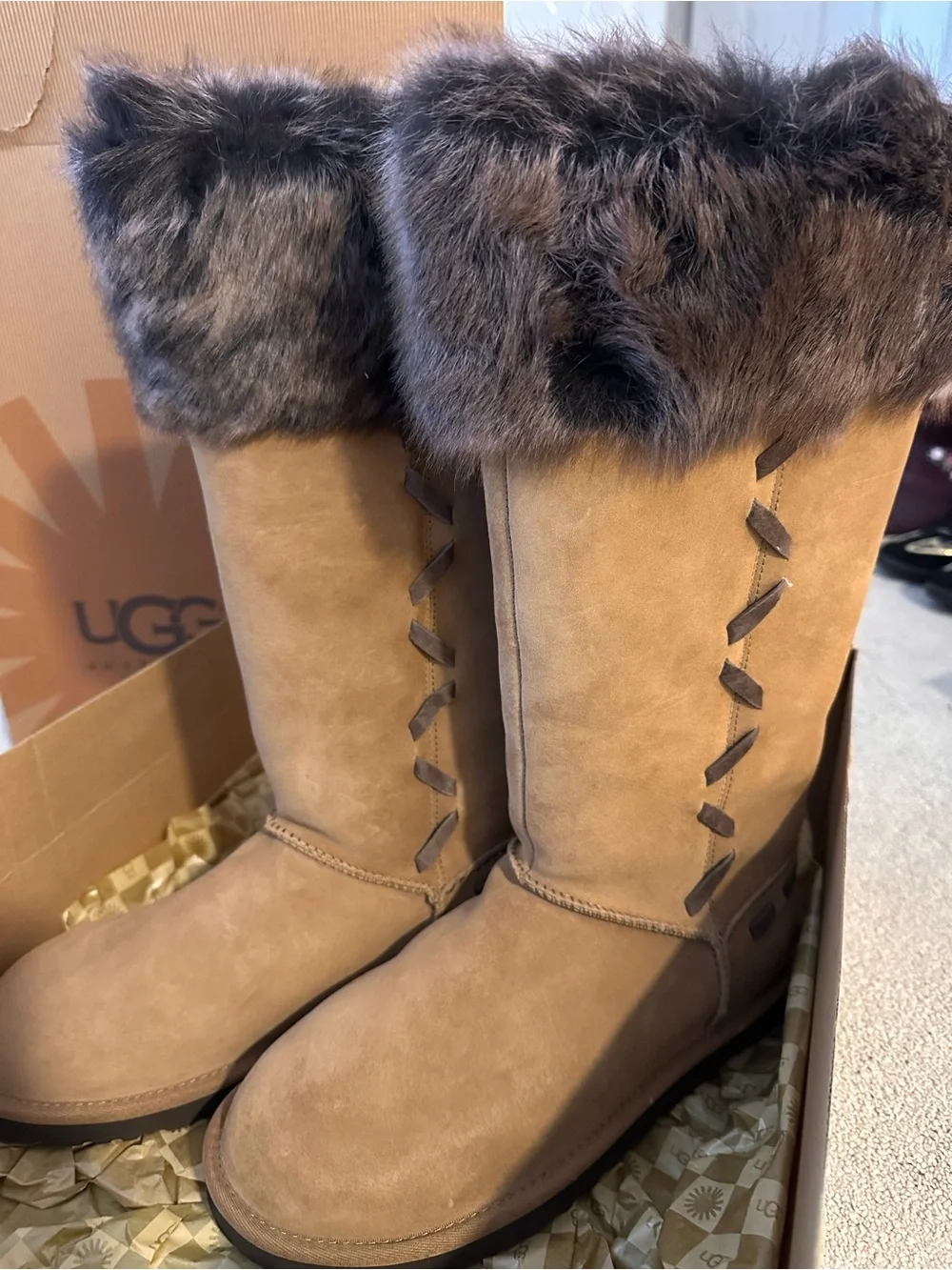 UGG Chestnut Suede Boots with Dark Brown Faux Fur Cuff